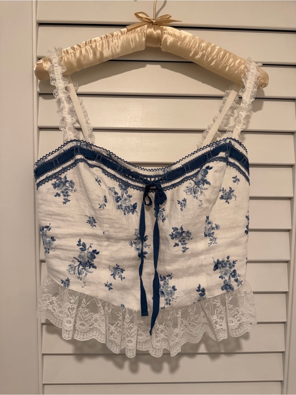 Reformation White & Blue Floral Lace-Trim Cami Paola Linen Top